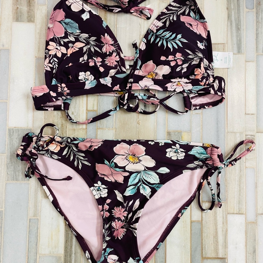 Kona Sol Floral Bikini Set Medium Burgundy Pink Tie Side Halter - Picture 13 of 15